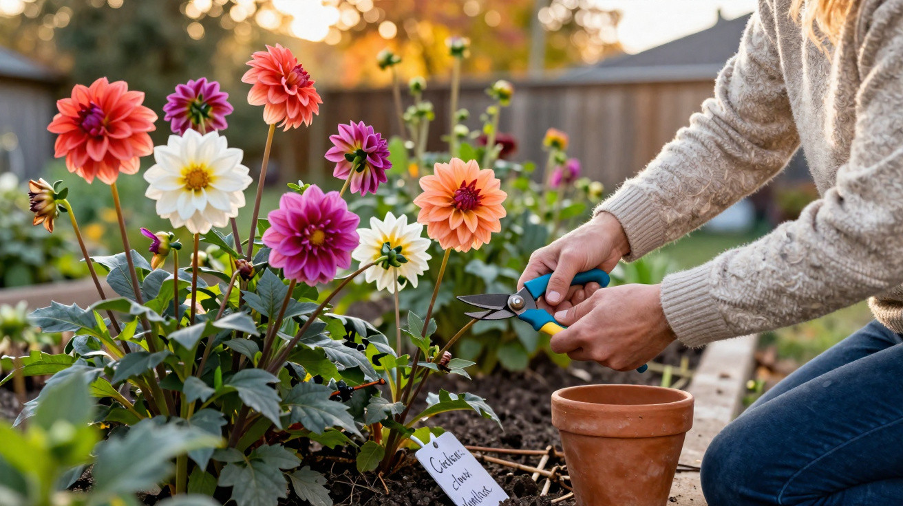 Mãos a podar flores coloridas num jardim, com uma planta em vaso e placa identificativa planta-se Sulig.