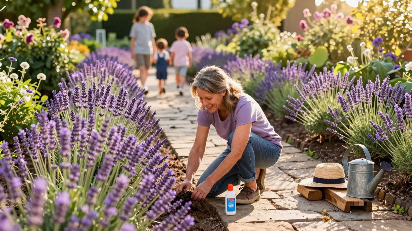 Mulher a plantar flores num jardim de lavanda, com três pessoas ao fundo a caminhar.