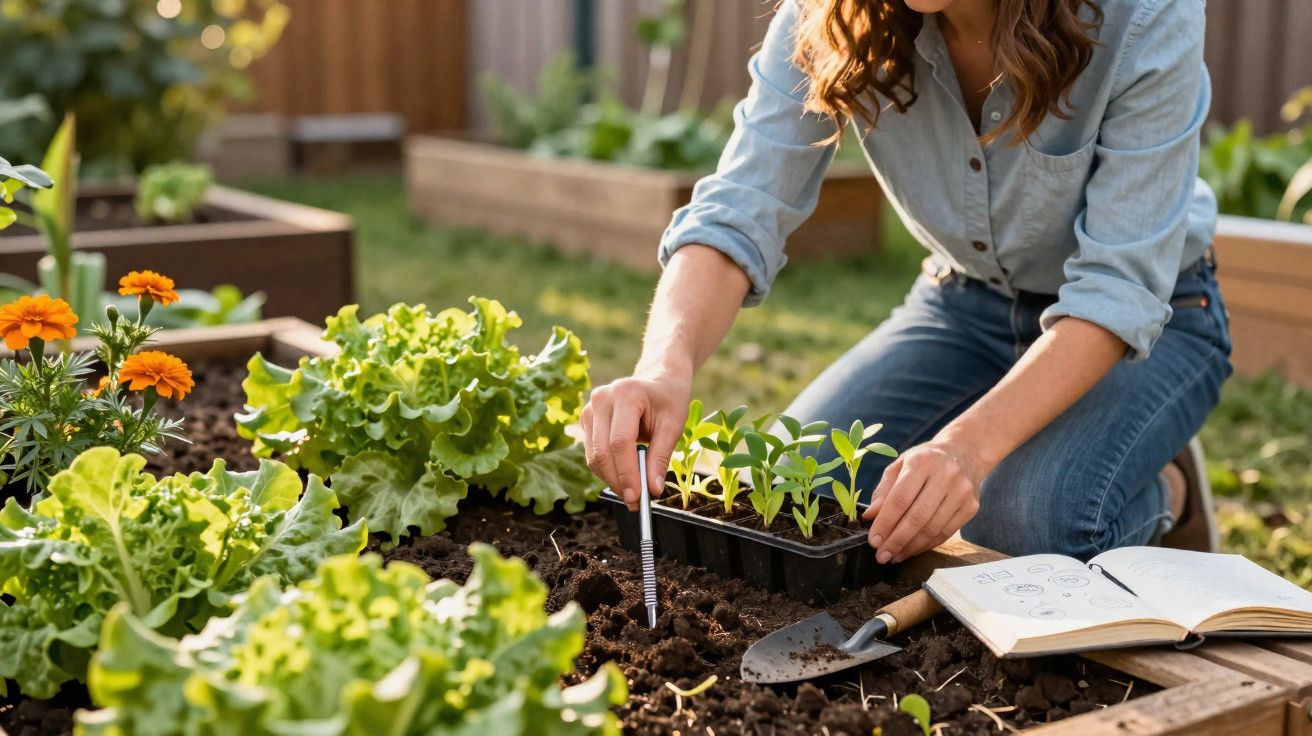 Pessoa a cultivar mudas num jardim, com ferramentas e caderno ao lado, rodeada de plantas e flores.