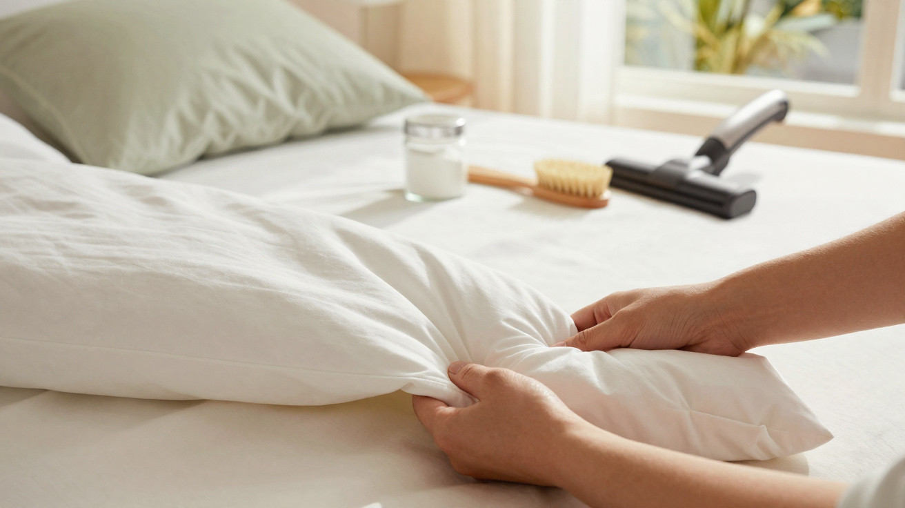 Mãos a esticar um lençol branco numa cama arrumada com almofadas e escova ao fundo.