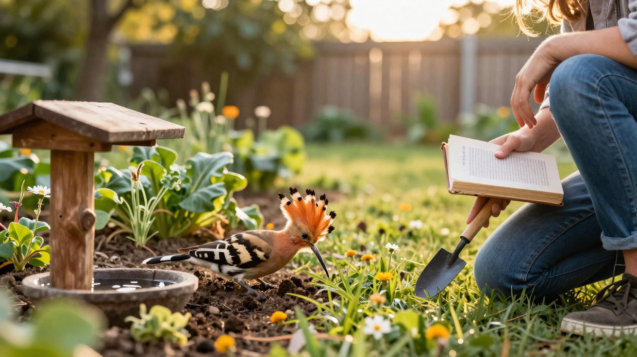 Pessoa sentada no jardim a ler um livro, próxima de um pássaro colorido no meio das flores.