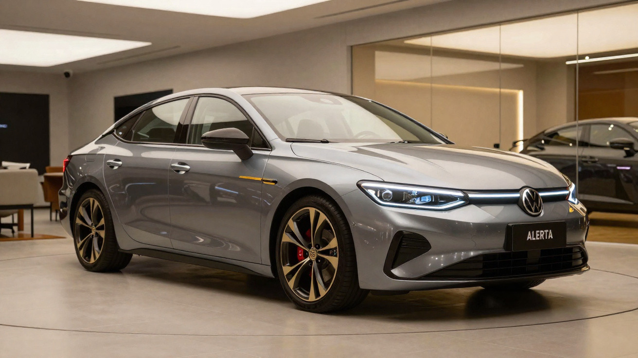 Carro desportivo elétrico cinzento com jantes douradas numa exposição moderna com piso cinzento e paredes claras.