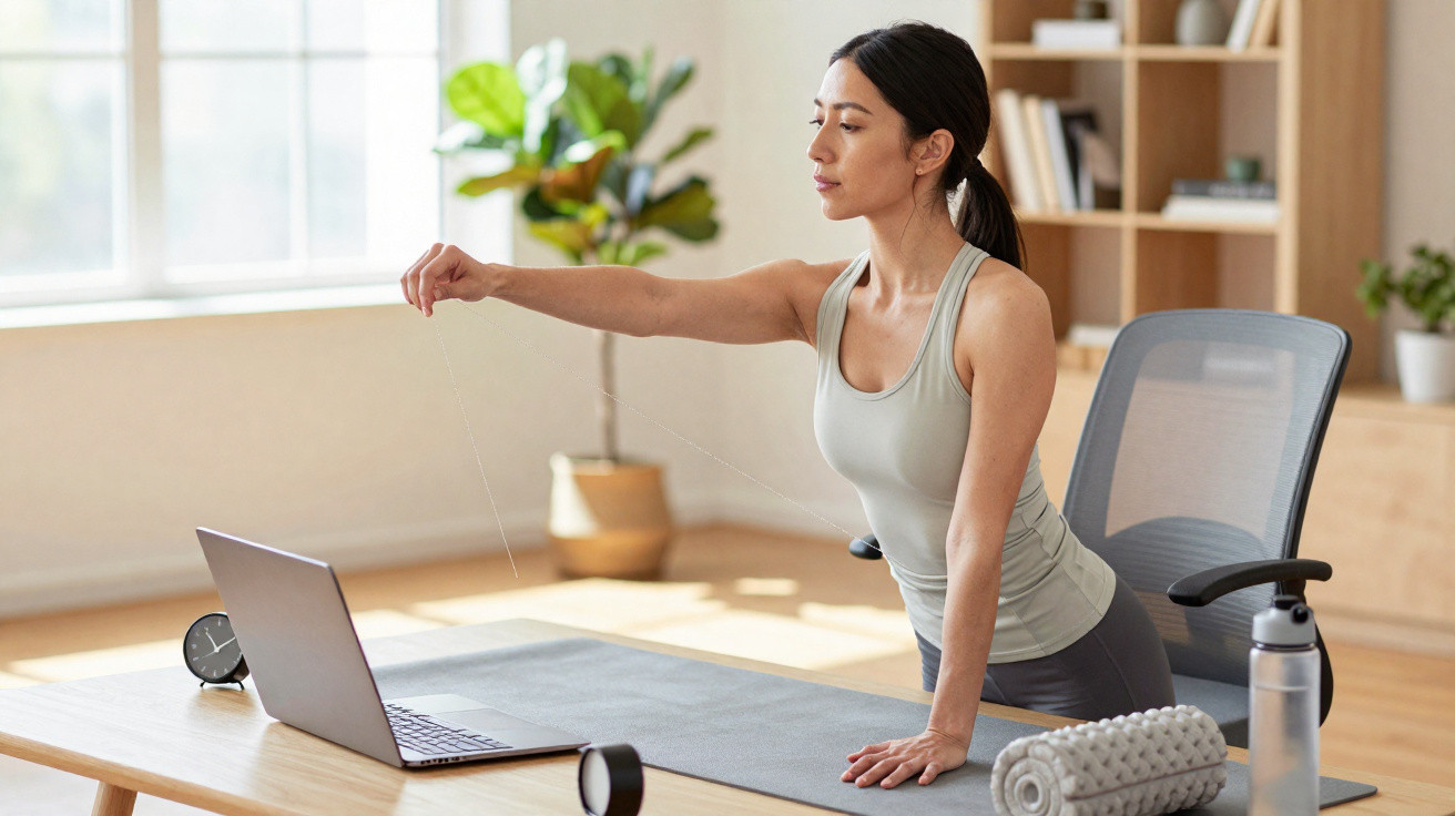 Mulher sentada na cadeira a alongar o braço, com computador portátil e acessórios de exercício à sua frente.