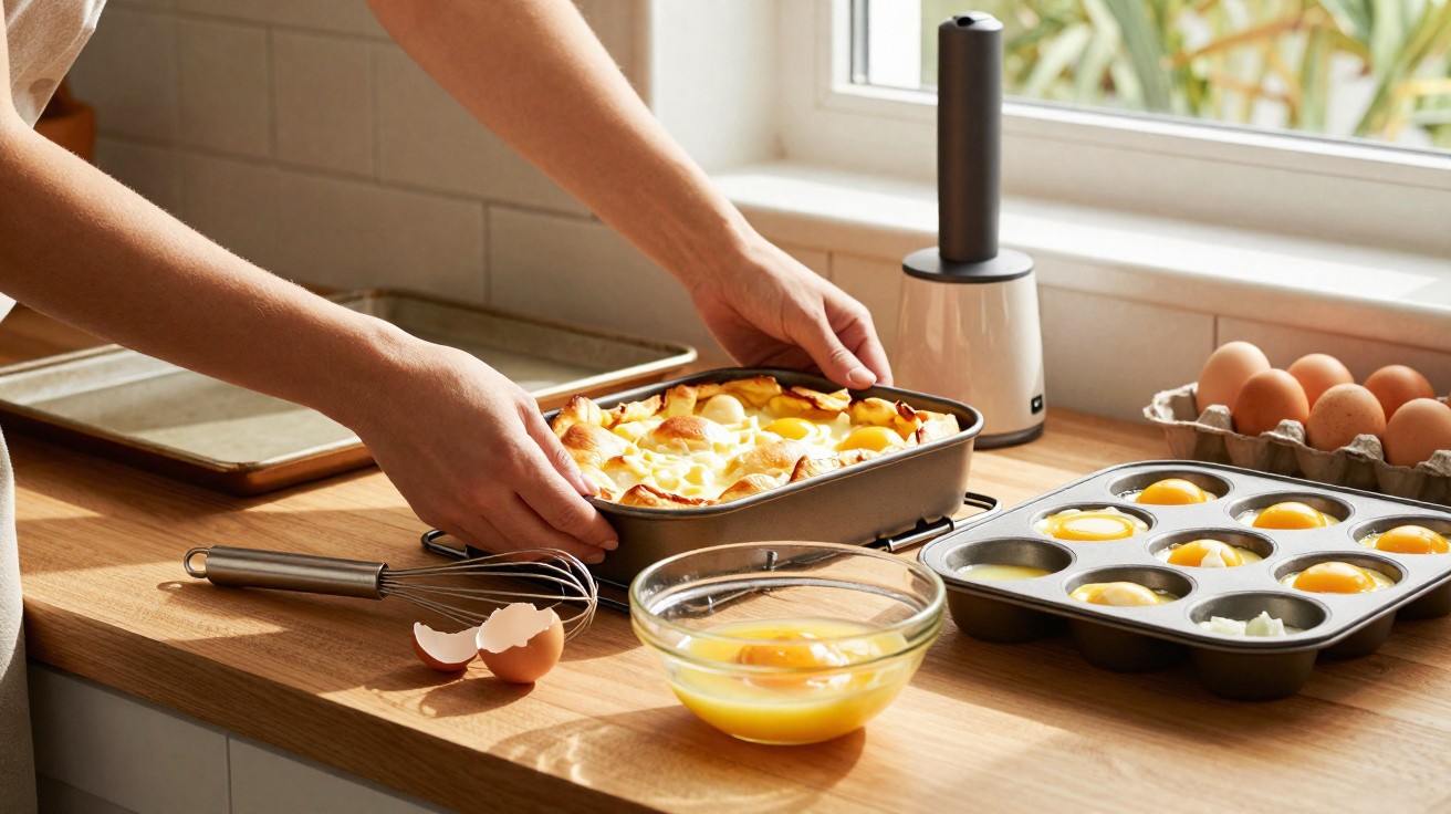 Mãos a retirar uma tarte de forno com ovos, tigela com mistura de ovos e tabuleiro com ovos crus.