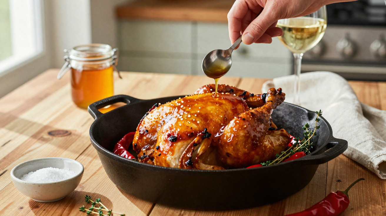 Frango assado numa frigideira preta, regado com molho, com pimentos vermelhos e copo de vinho ao fundo.