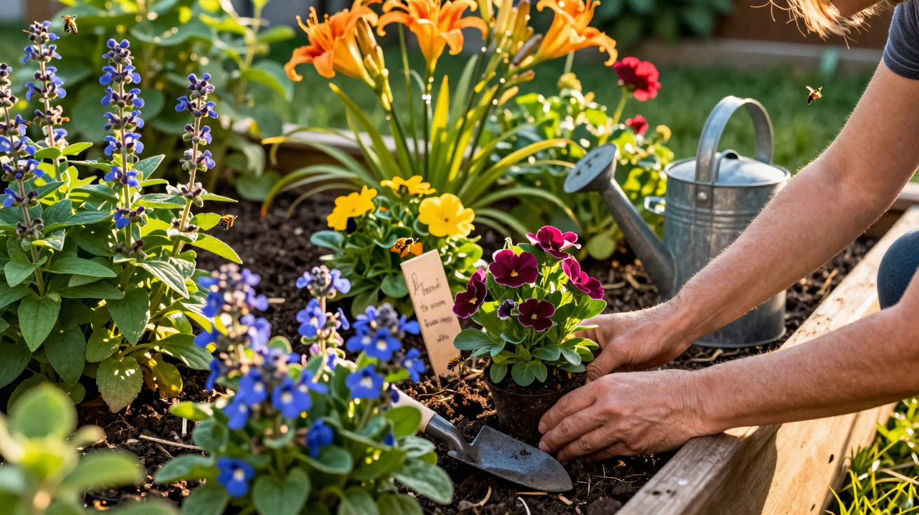 Pessoa a plantar flores coloridas numa zona ajardinada com terra escura e ferramentas de jardinagem.