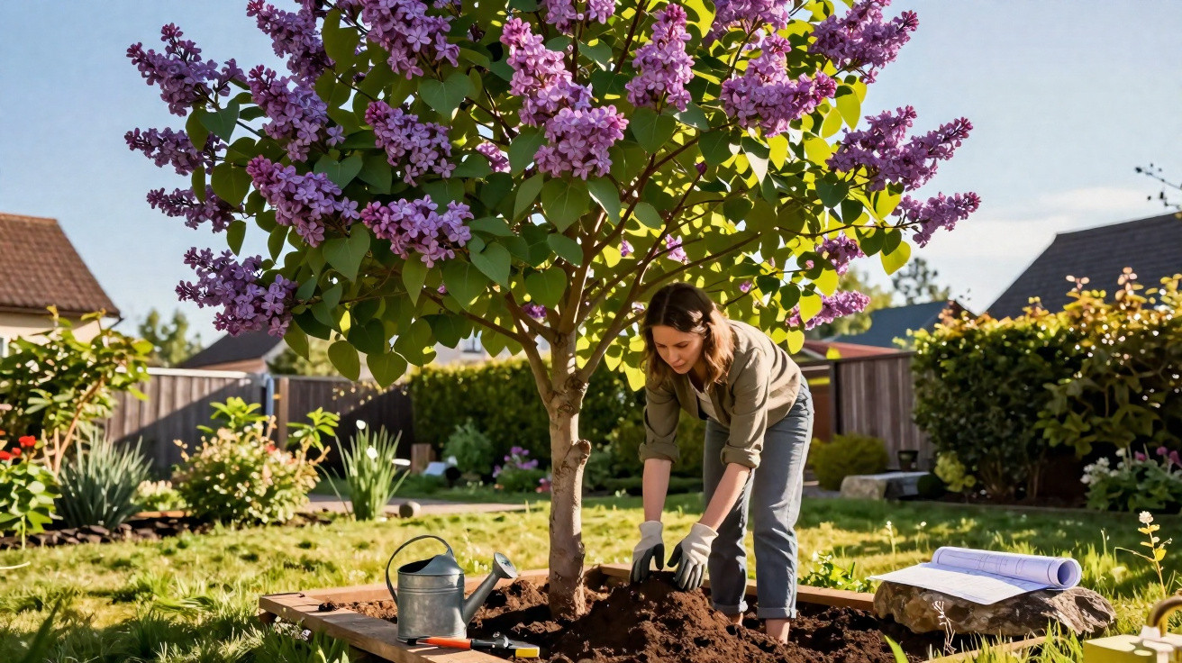 Mulher regando planta com flores roxas num jardim durante o dia ensolarado.