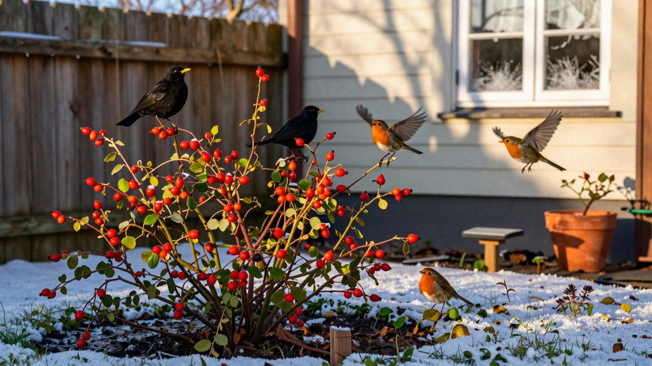 Pássaros pretos e vermelhos pousados numa planta com bagas vermelhas num jardim com neve perto de uma casa.