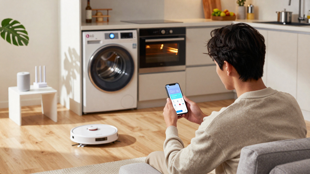 Pessoa a controlar aspirador robô com telemóvel numa sala de estar moderna e luminosa.