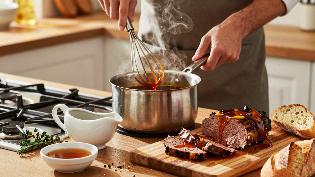 Pessoa a preparar molho quente para carne fatiada numa cozinha moderna com pão e ervas à mesa.