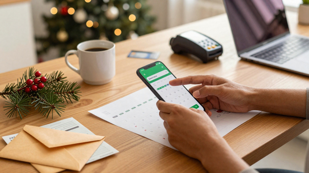 Pessoa a consultar calendário no telemóvel, com mesa de madeira, árvore de Natal e objetos de escritório ao fundo.