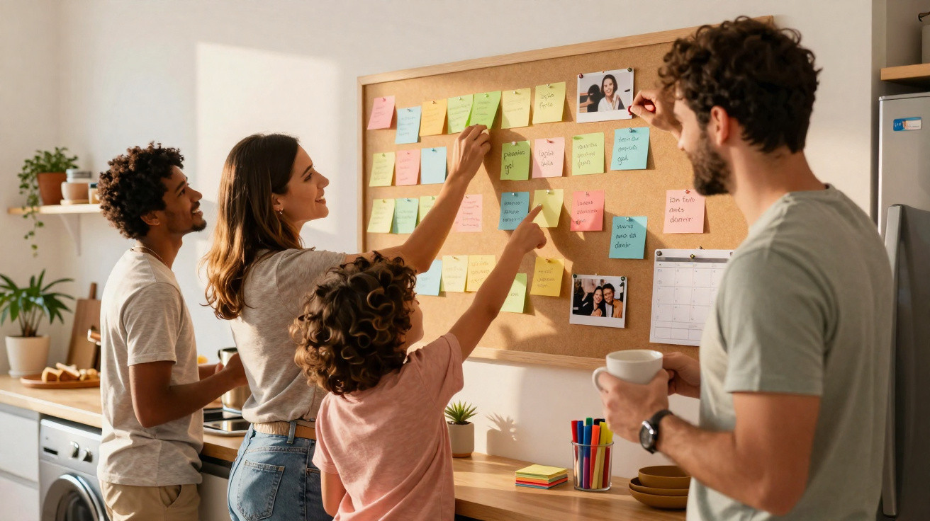 Família composta por dois adultos e duas crianças organiza notas num quadro de cortiça numa cozinha iluminada.