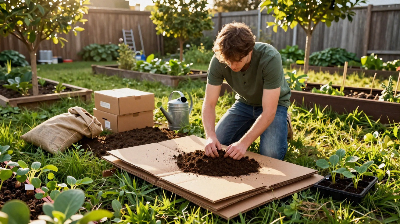 Homem a preparar terra para plantar mudas num jardim urbano com caixas e plantas à volta.