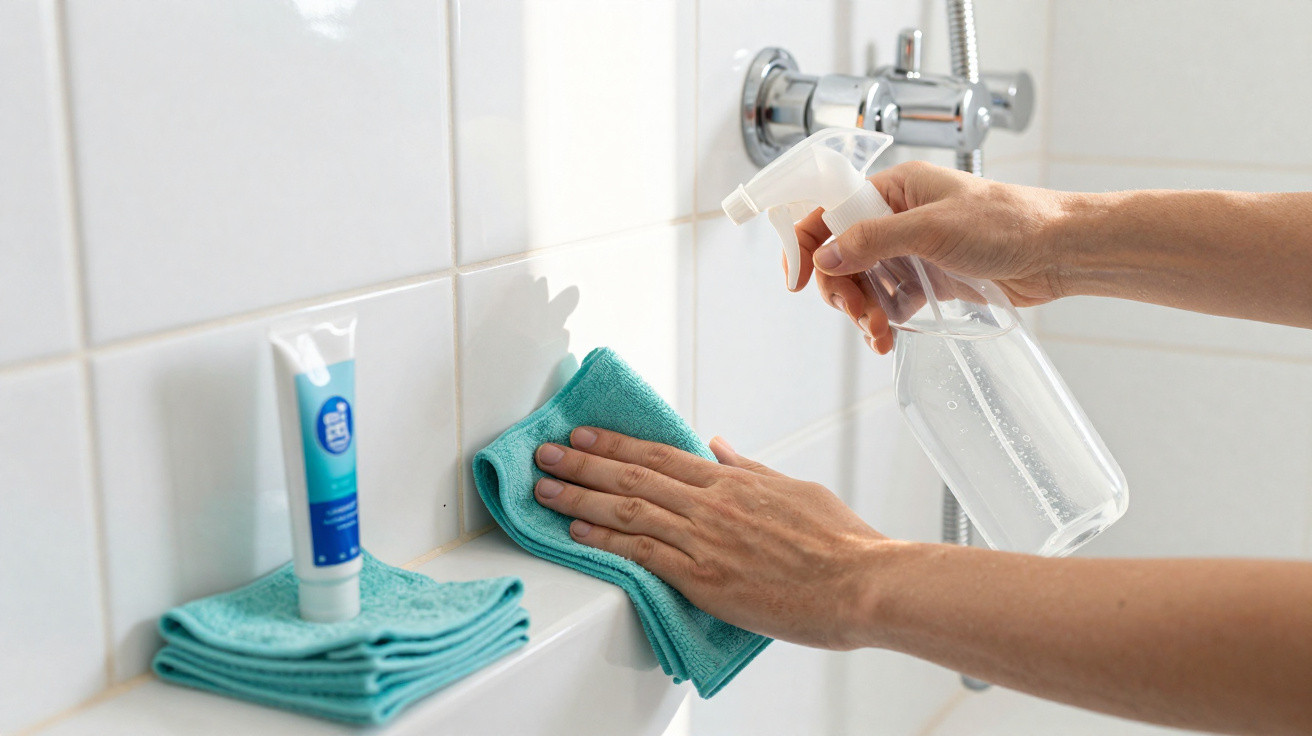Pessoa a limpar azulejos brancos de casa de banho com pano azul e pulverizador com líquido.