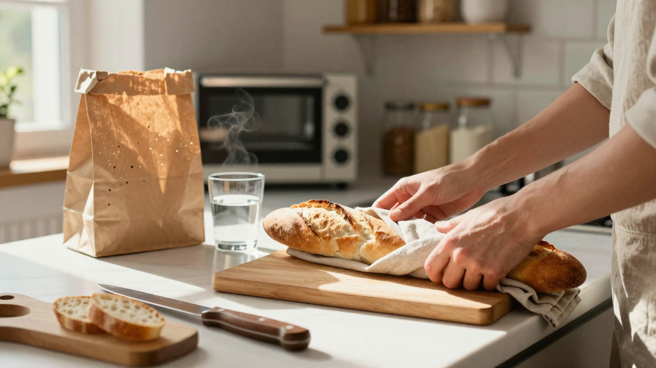 Mãos a retirar baguetes do saco de pão, com fatias cortadas e copo de água numa cozinha iluminada.