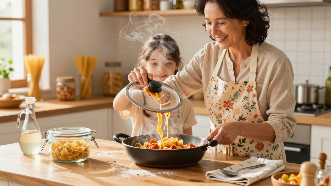 Mulher e menina a cozinhar juntas massa com tomate numa cozinha iluminada e acolhedora.