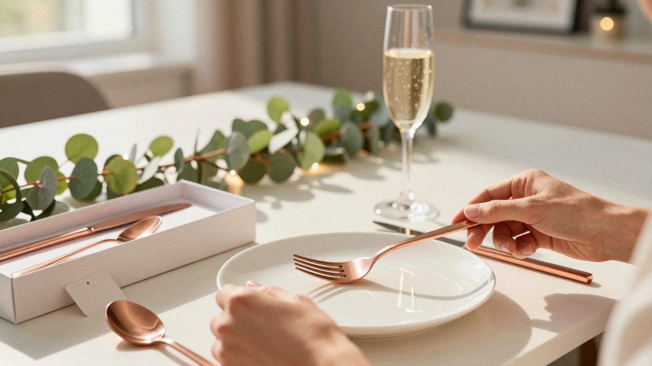 Mãos a colocar talheres cor de cobre num prato branco sobre mesa com copo de espumante e decoração verde.