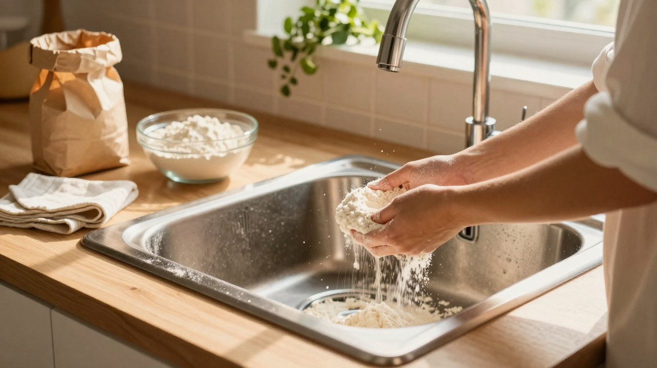 Pessoas a lavar farinha numa pia de cozinha com uma janela ao fundo e utensílios ao lado.