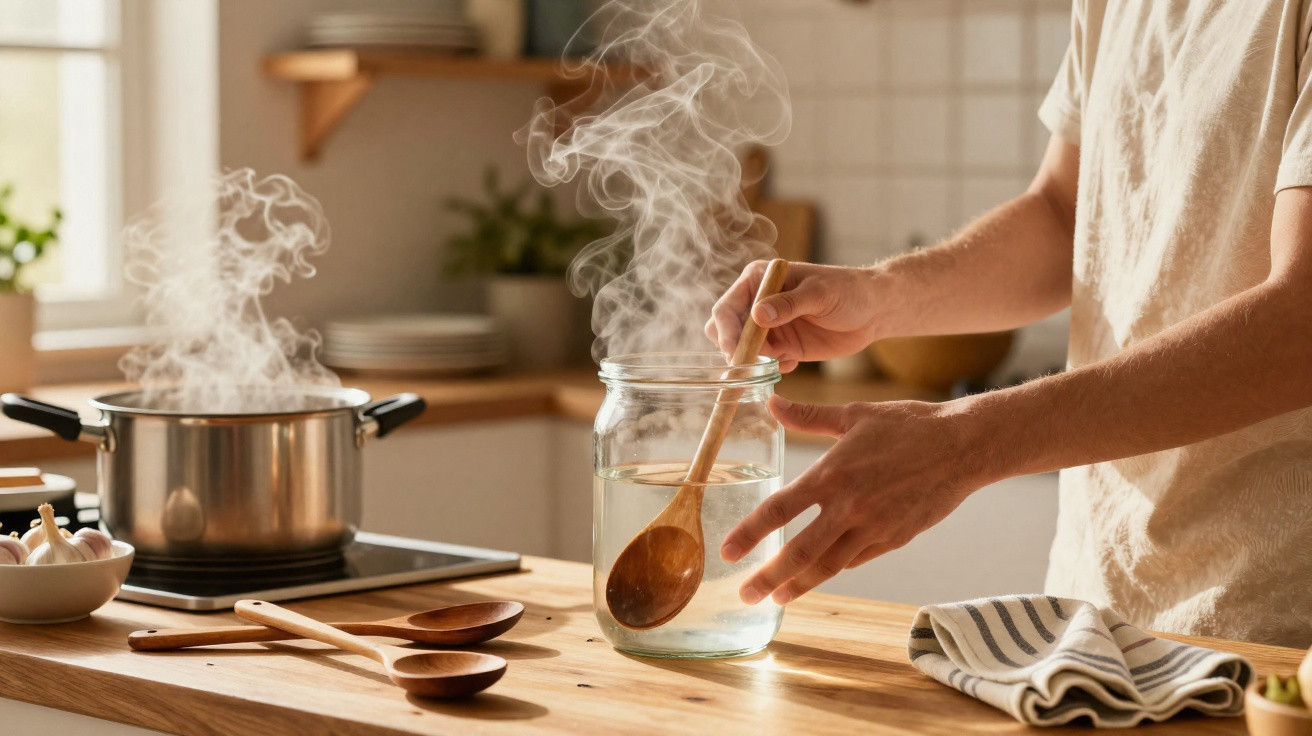 Pessoa a retirar colher de pau de frasco com vapor numa cozinha com bancada em madeira.