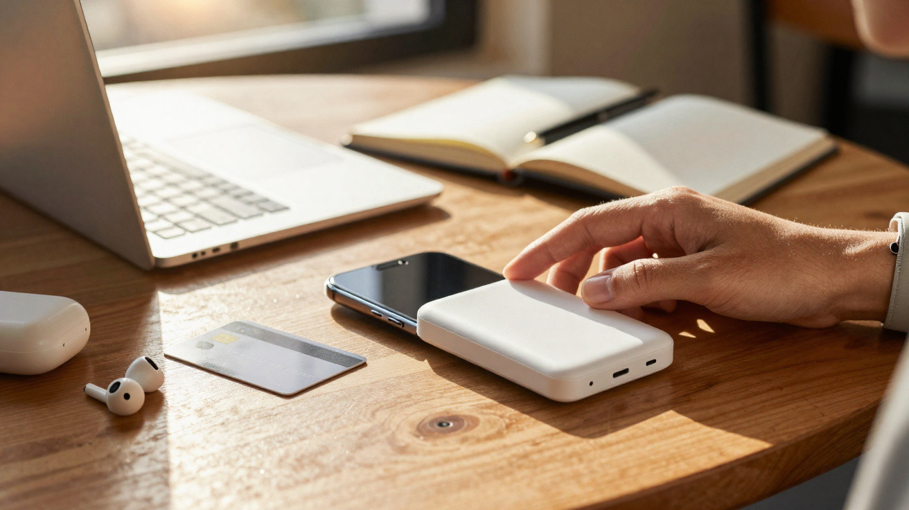 Pessoa a segurar smartphone com carregador portátil numa mão, com computador e auscultadores sobre a mesa de madeira.