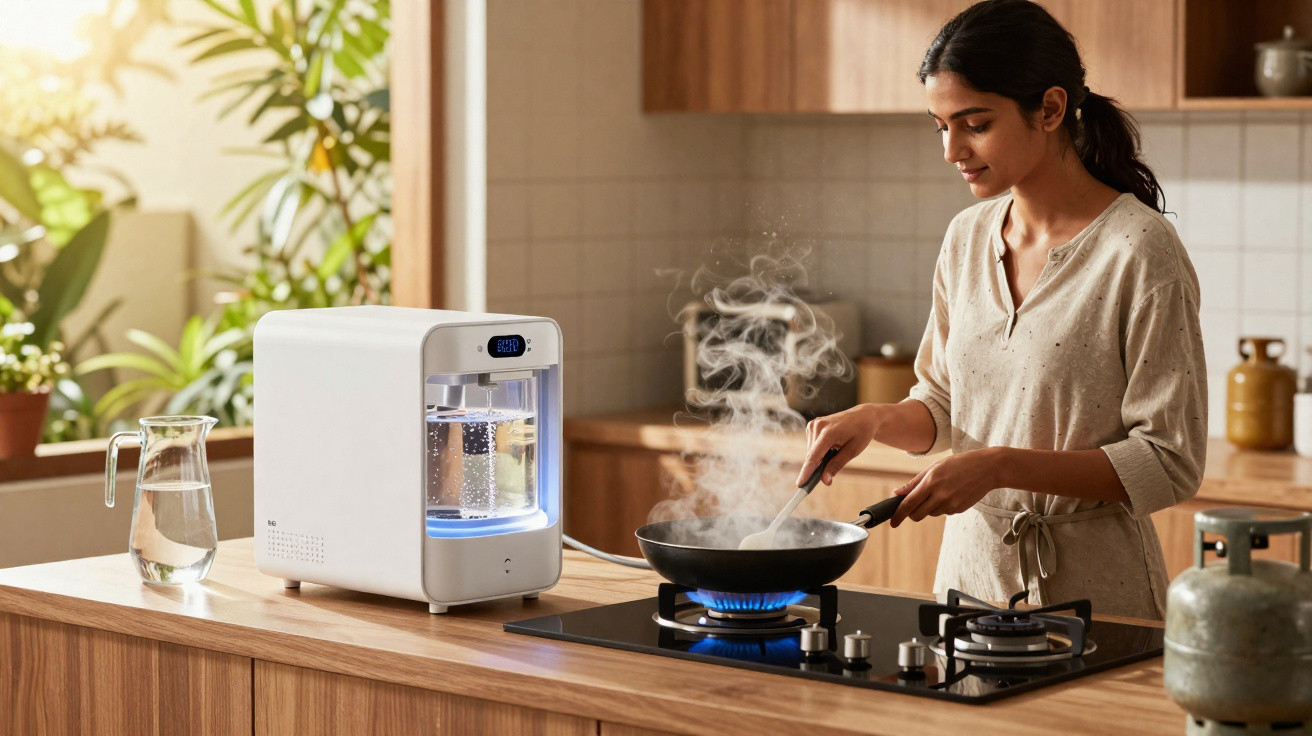 Mulher a cozinhar numa cozinha moderna com fogão a gás e máquina de lavar loiça compacta branca.