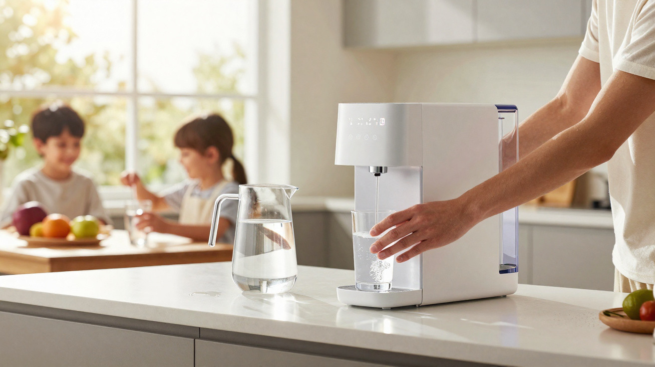 Pessoa a encher copo de água numa máquina de água filtrada na cozinha luminosa com criança ao fundo.