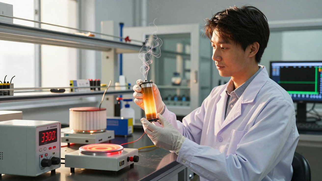 Homem em laboratório a examinar cilindro transparente com material amarelo fumegante, utilizando bata e luvas.
