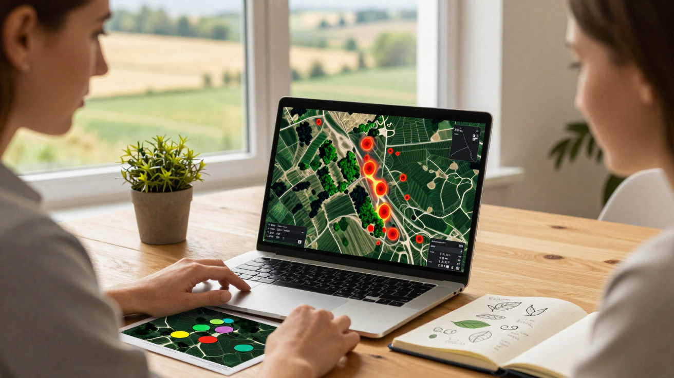 Pessoa a analisar mapas de calor em computador portátil junto a planta e folha com mapas impressos numa mesa junto à janela.
