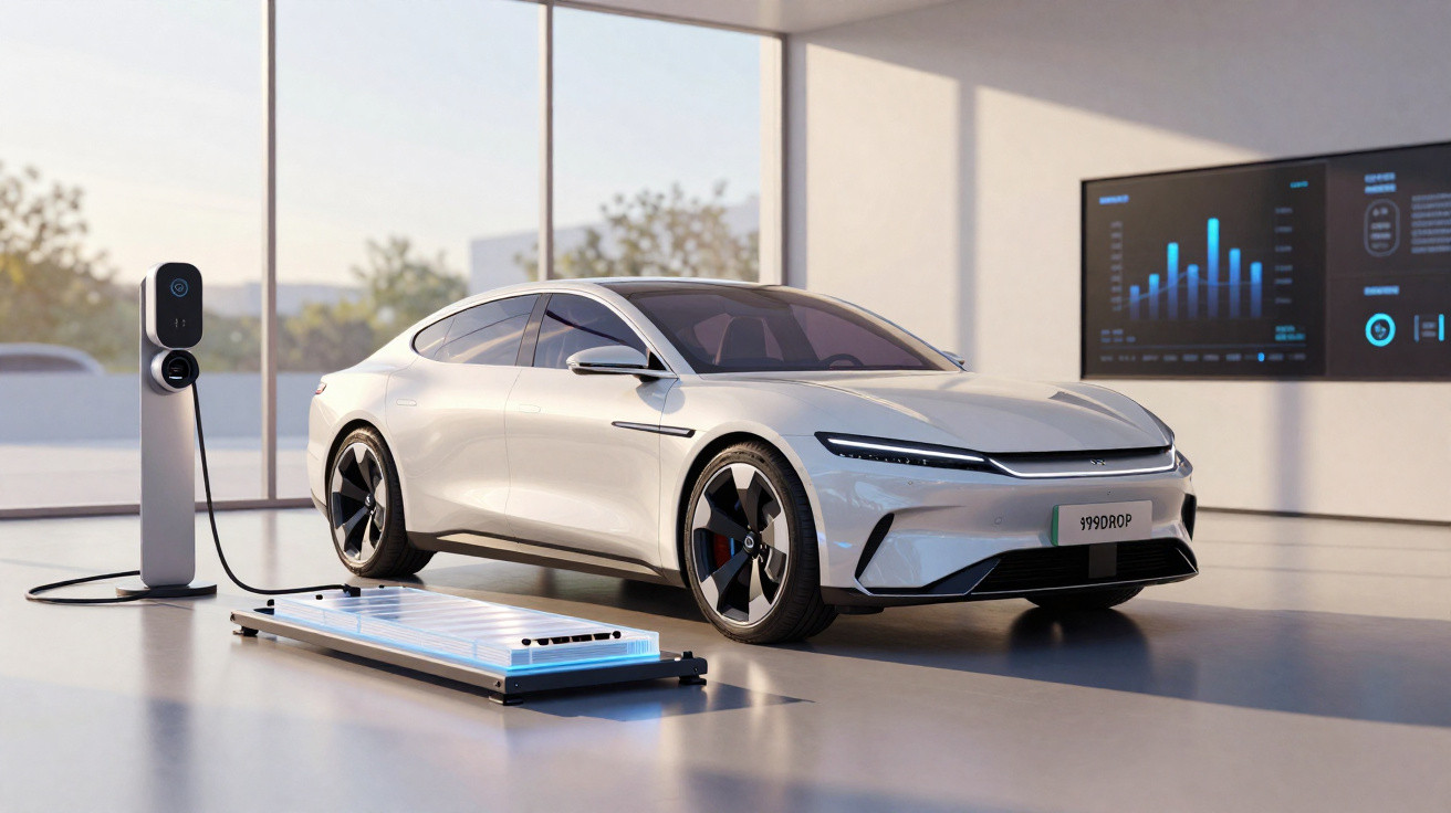 Carro elétrico branco estacionado num ambiente moderno, junto a um carregador e gráficos digitais na parede.