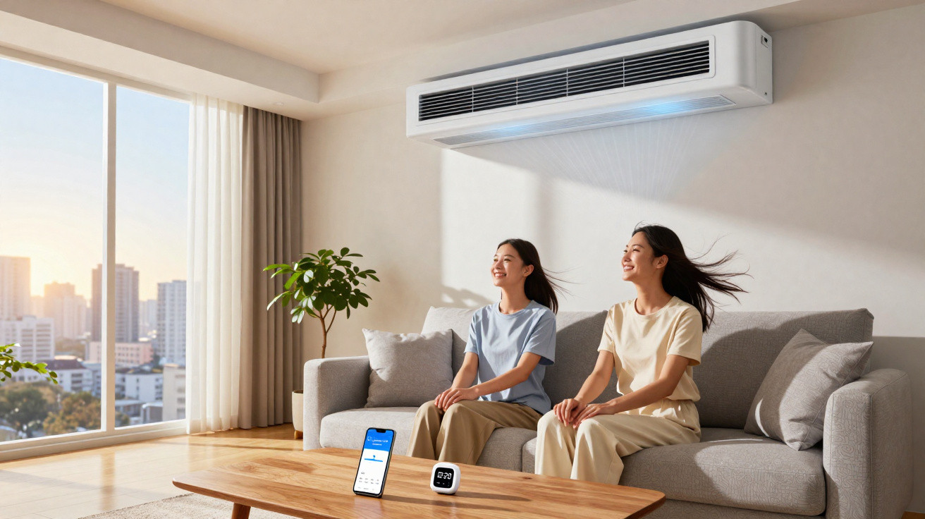 Duas pessoas sentadas num sofá cinzento recebendo ar condicionado numa sala luminosa com vista para a cidade.