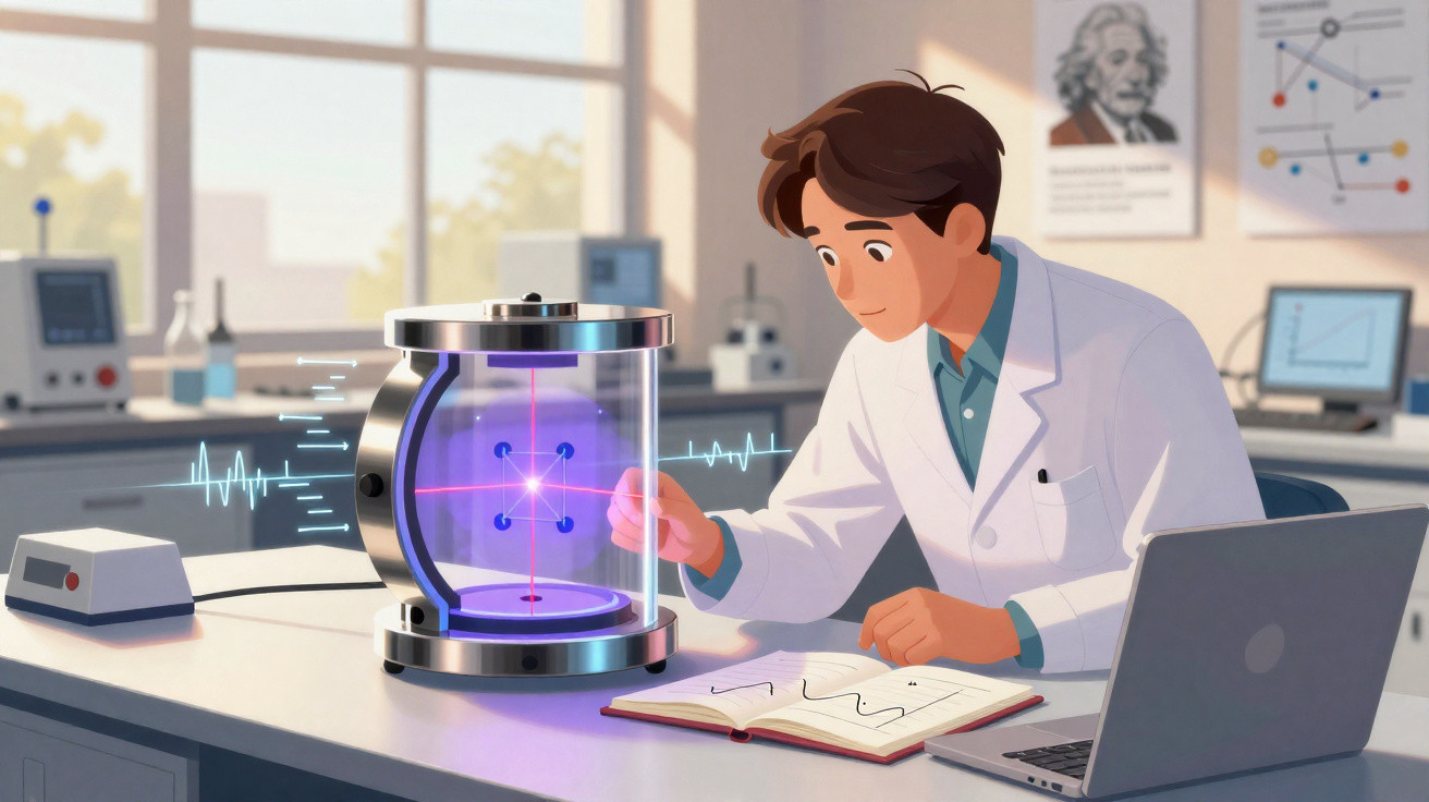 Cientista analisa experimento de plasma holográfico numa bancada de laboratório moderno.