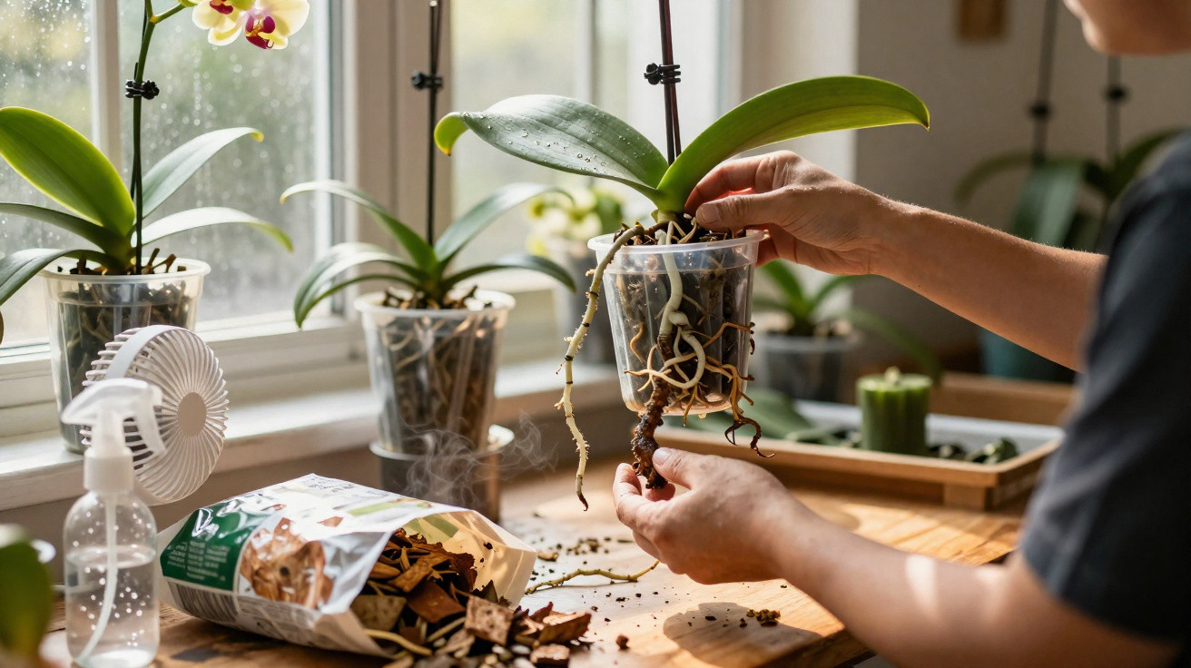 Pessoa a cuidar de orquídeas com raízes expostas numa janela com luz natural, em ambiente interior.