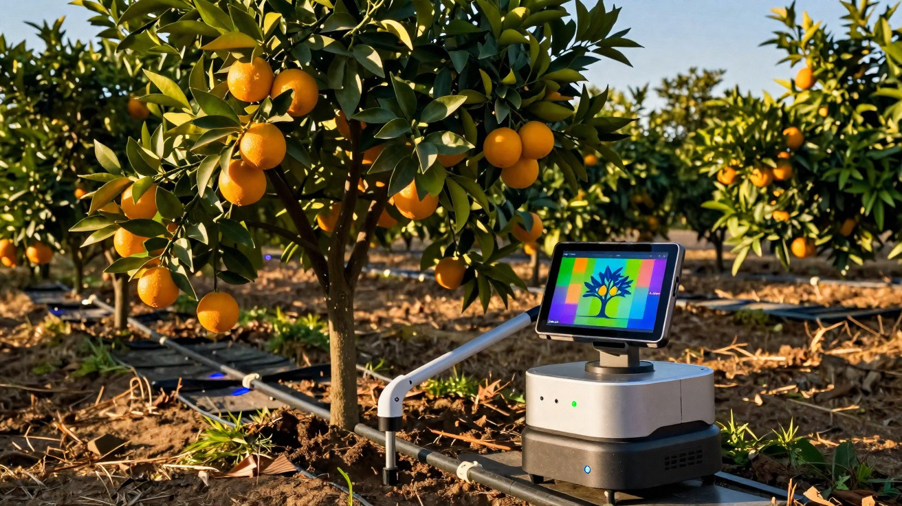 Dispositivo tecnológico em pomar de laranjeiras monitora cultivo com tela digital e sensores no solo.