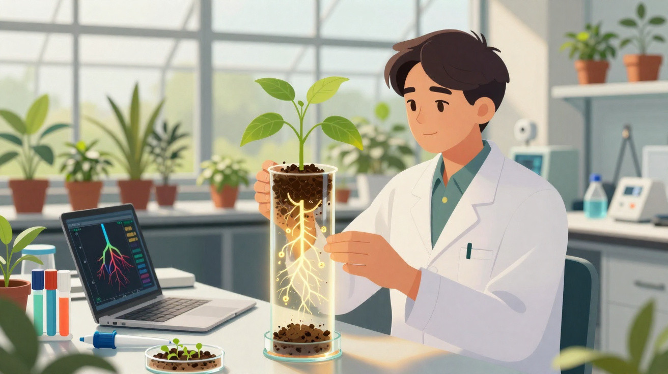Cientista em laboratório a investigar raízes de planta em vaso transparente, com laptop e tubos de ensaio ao lado.