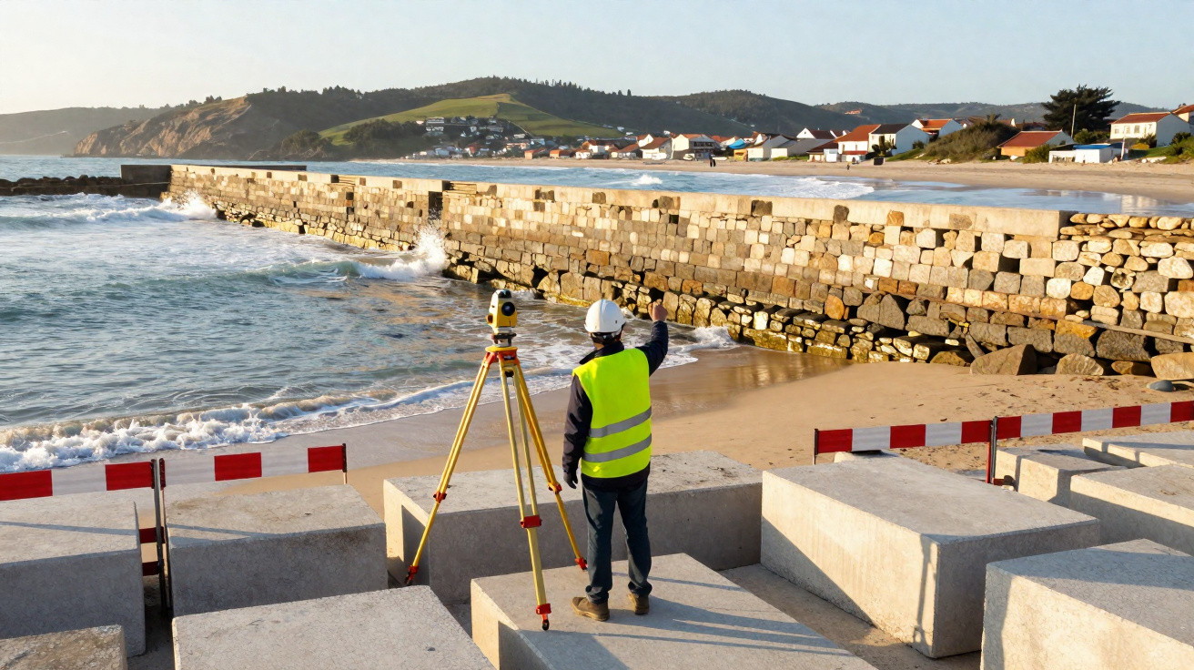 Topógrafo com colete amarelo e capacete branco a trabalhar junto à praia e quebra-mar numa zona costeira.