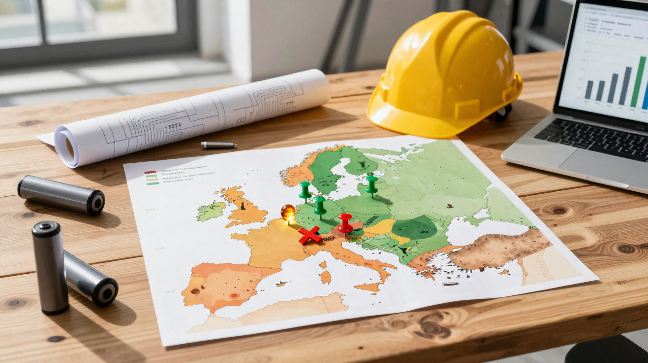 Mesa de madeira com capacetes amarelos, mapa da Europa com marcadores e computador portátil.