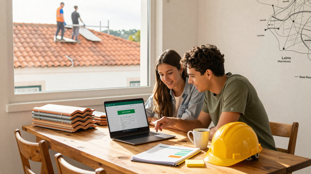 Casal a analisar orçamento de construção no computador com capacete e telhas na mesa, trabalhadores no telhado.