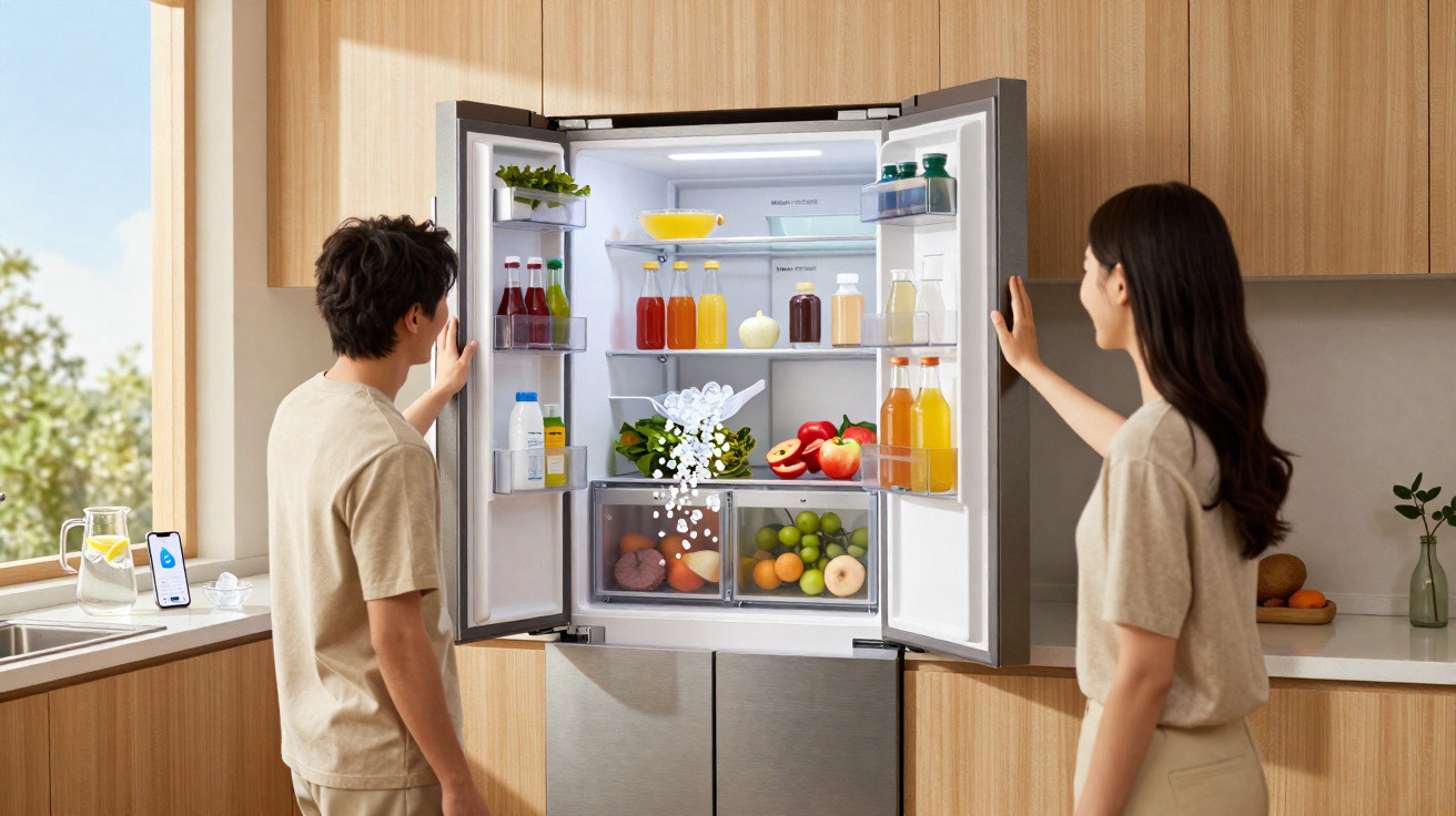 Duas mulheres a olhar para um frigorífico aberto cheio de frutas, legumes e bebidas numa cozinha moderna.