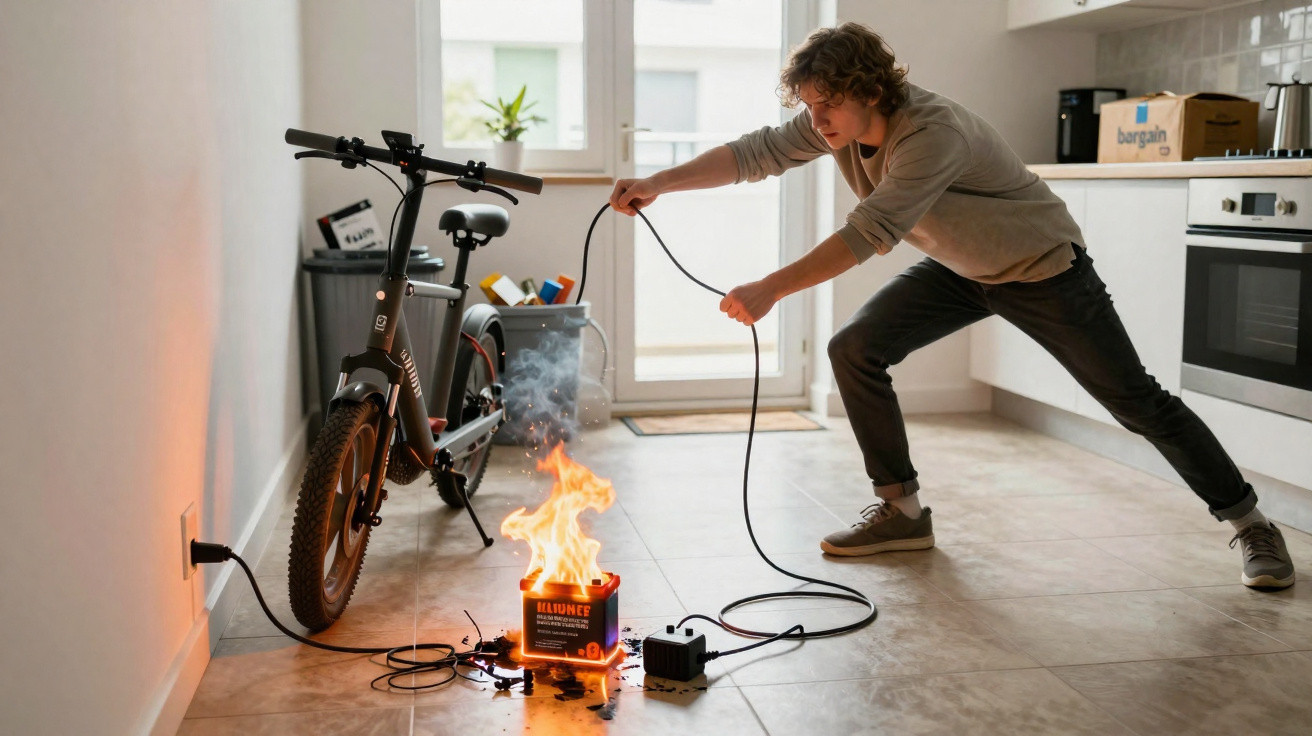 Homem tenta apagar incêndio numa bateria de trotinete elétrica numa cozinha moderna e luminosa.