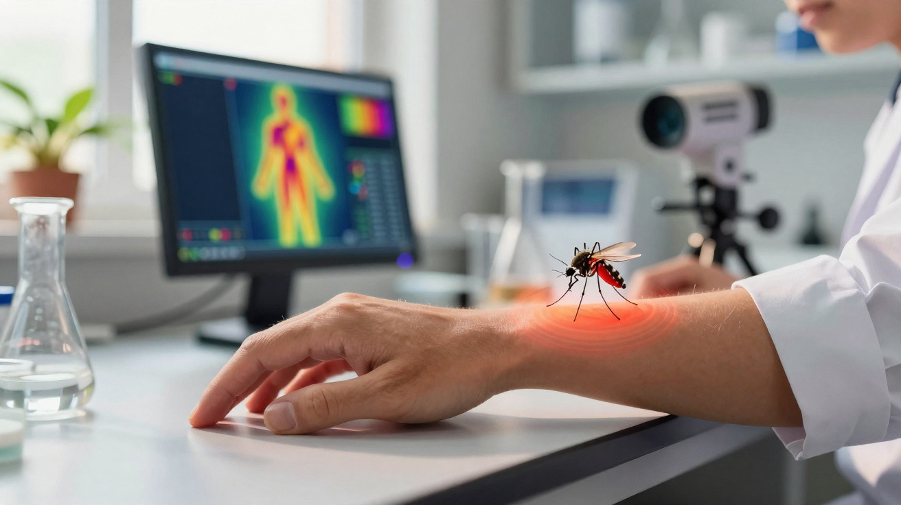 Mosquito pousado na mão de uma pessoa com área vermelha a indicar picada, num laboratório com monitor médico.