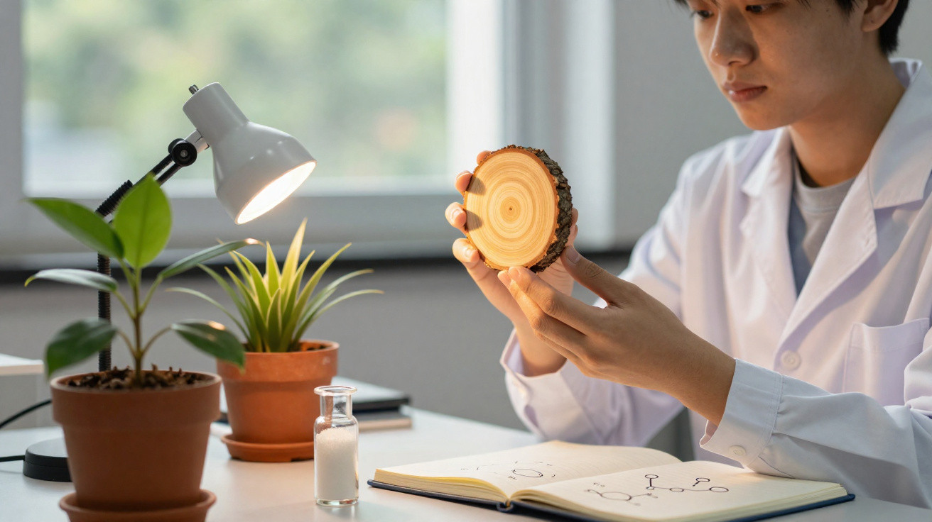 Investigadora com bata branca examina uma secção transversal de madeira junto a plantas em vaso e equipamento de laboratório.