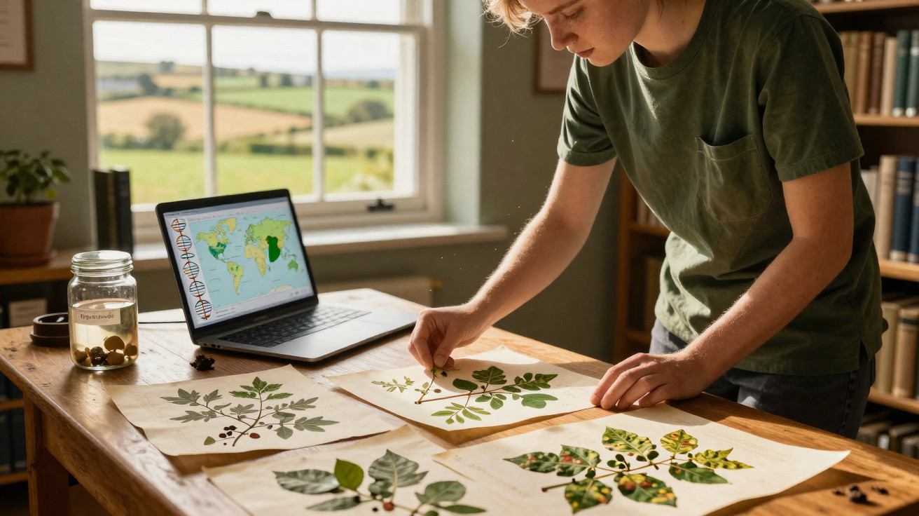 Pessoa jovem analisa folhas de plantas num laboratório caseiro com computador aberto em gráficos científicos.