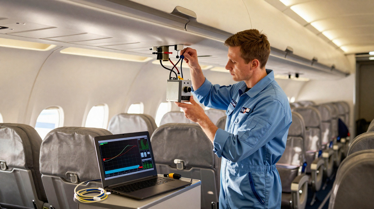 Técnico em roupa azul realiza testes com equipamento eletrônico dentro da cabine de um avião vazio.