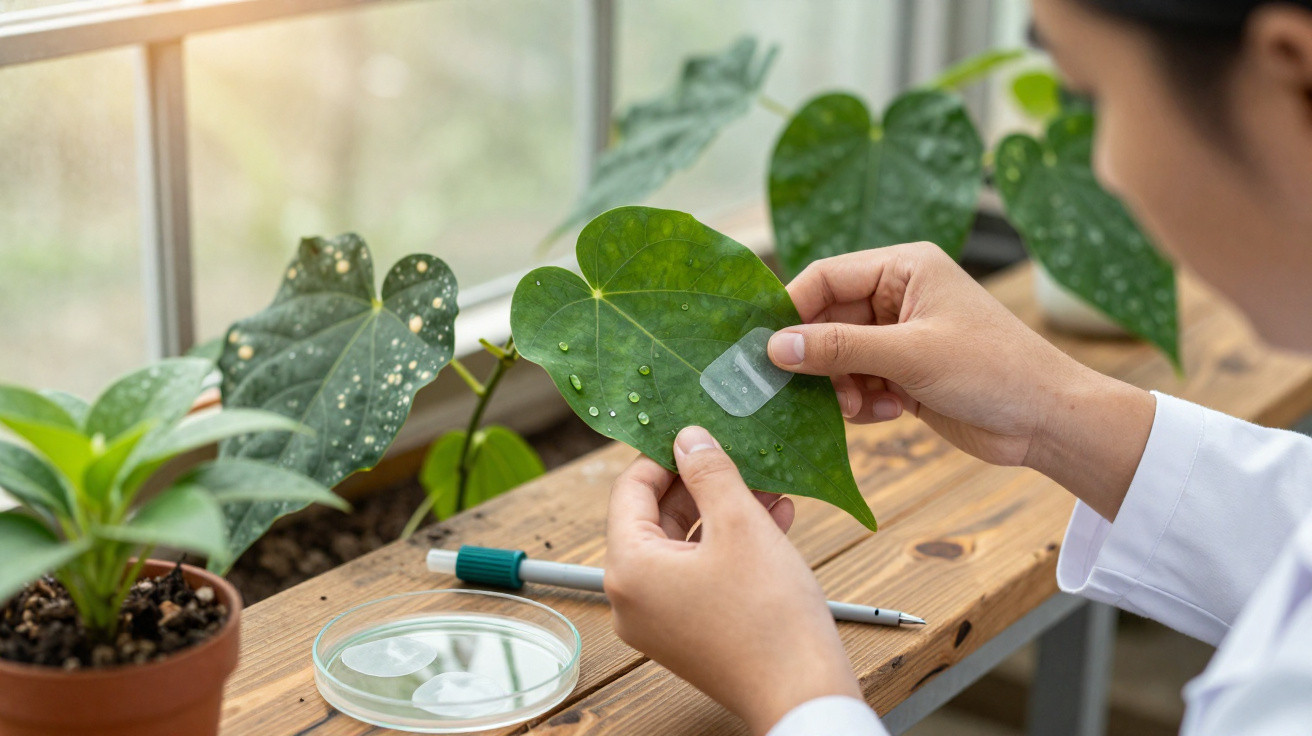 Pessoa a aplicar discos transparentes em folha de planta para estudo ou experimento científico.