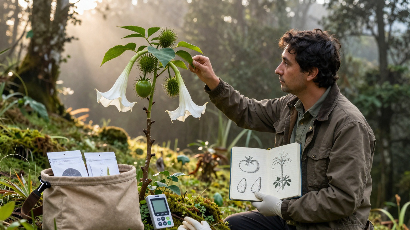 Homem com luvas examina flor branca grande numa planta, enquanto consulta livro botânico num jardim.