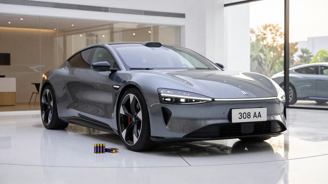 Carro desportivo elétrico cinzento exibido em espaço interior moderno, com pilhas AA à frente.