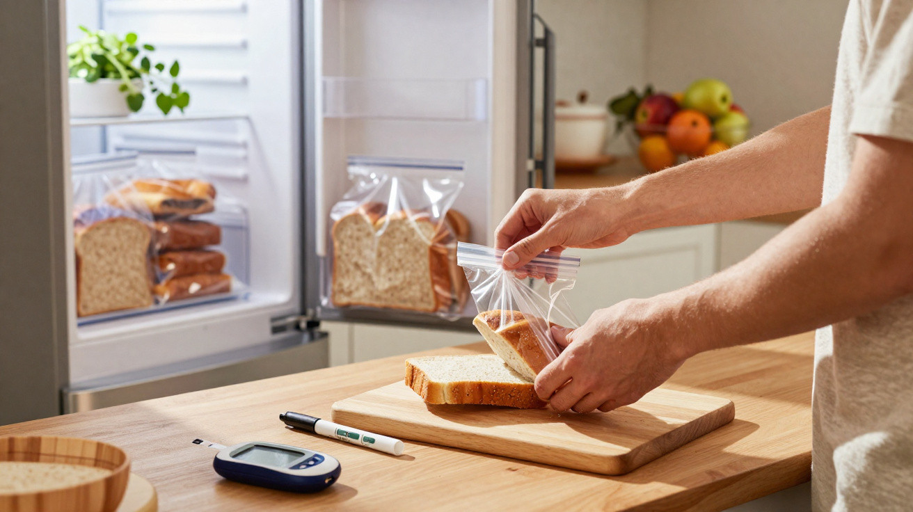 Pessoa a guardar fatias de pão numa bolsa de plástico, com medidor de glicose numa mesa de cozinha.