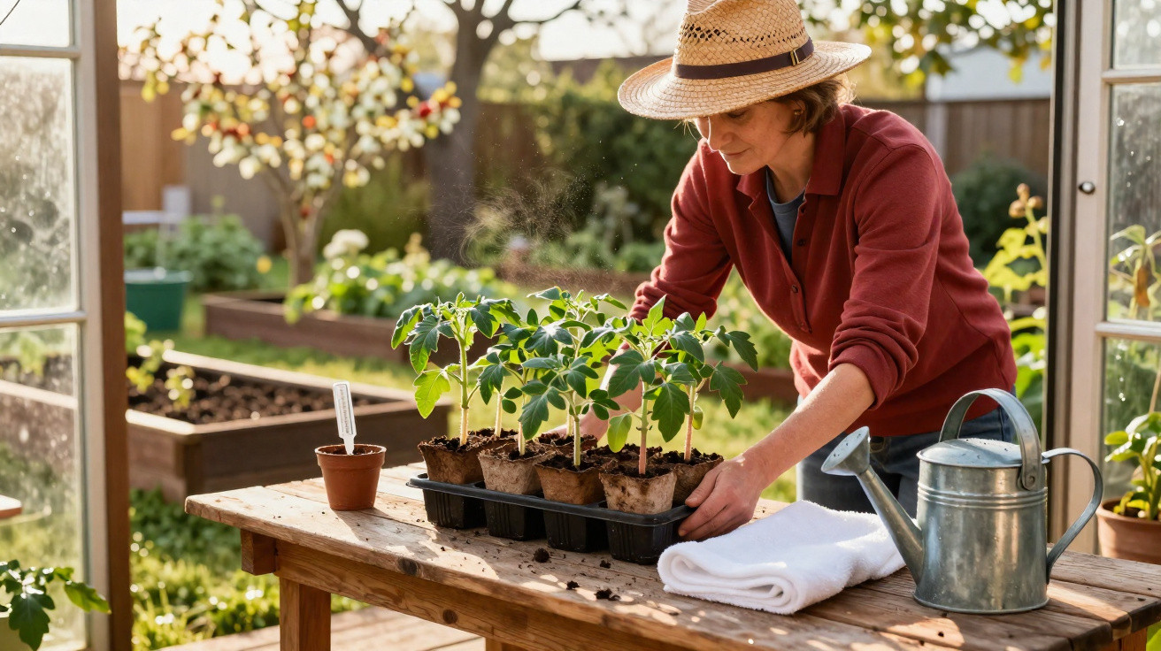Homem com chapéu de palha cuida de plantas jovens numa mesa de madeira num jardim ensolarado.