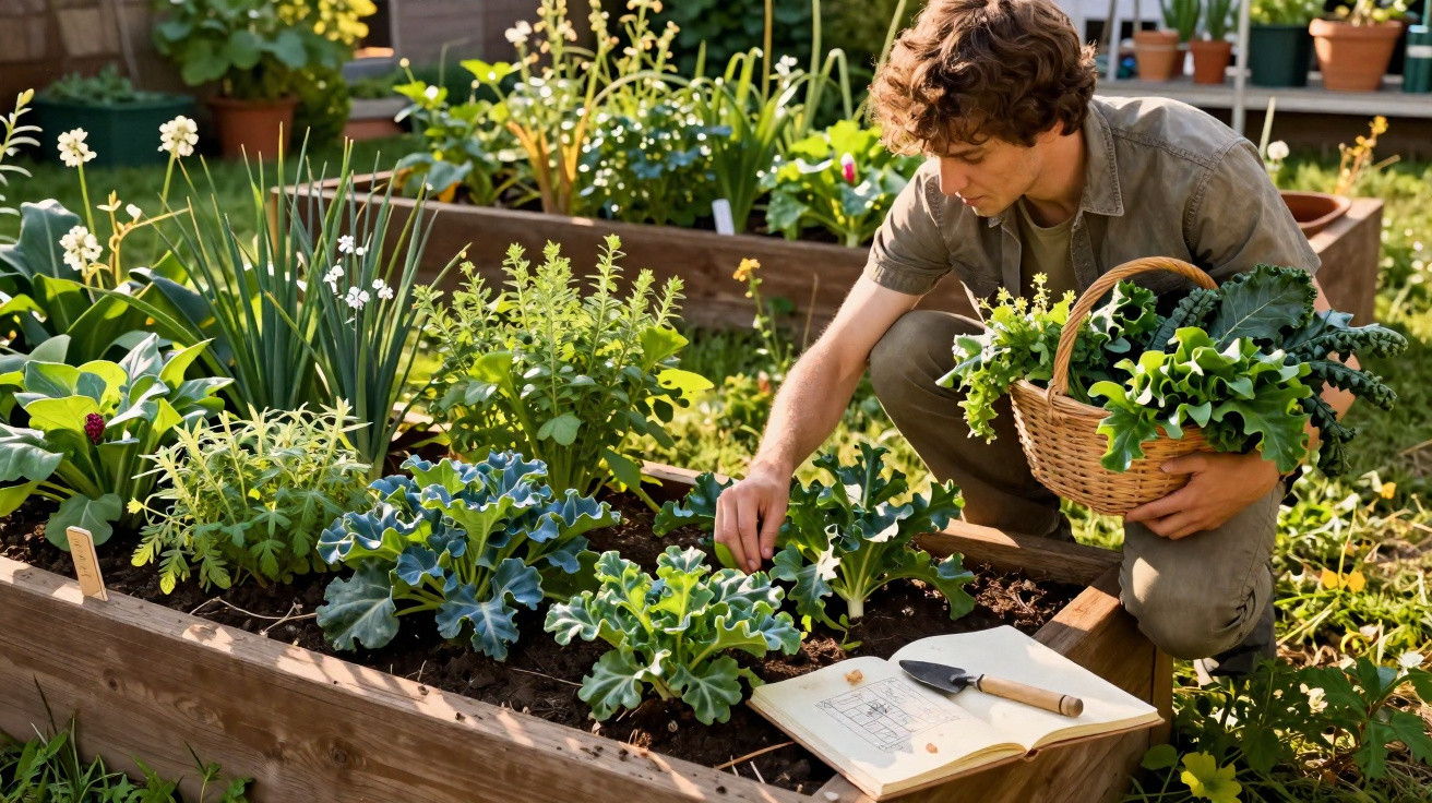 Jovem a colher folhas verdes num jardim urbano com cesta e livro de plantas ao lado.