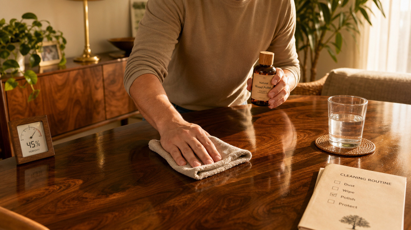 Pessoa a limpar e polir uma mesa de madeira com produto e pano num ambiente interior acolhedor.